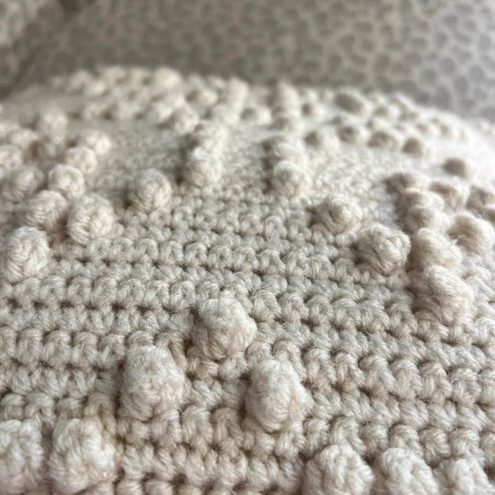 Handmade Crochet Tulip Pillow Cream Bobble Stitch Farmhouse Cottage Decor 13x13